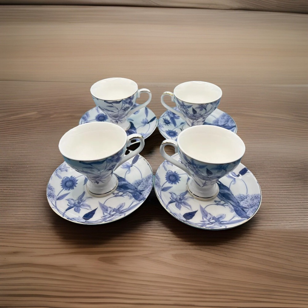 GRACE TEAWARE Tea Cup & Saucer 8 Pieces Blue @ White Fine Porcelain With Birds